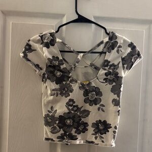 Elegant Floral Cross-Back Crop Top - Black and White